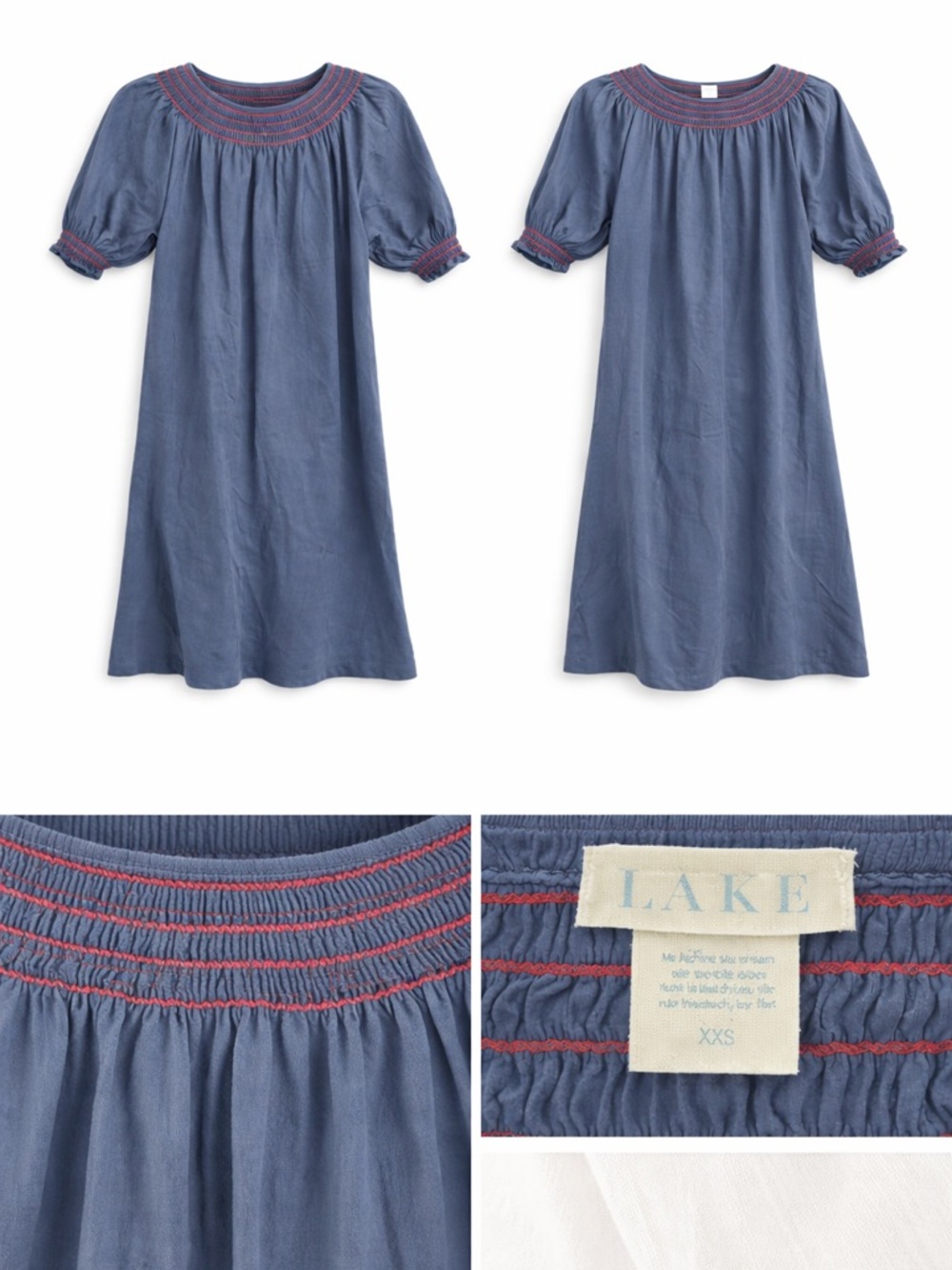 Lake Pajamas Pima Cotton Smocked Nightgown XXS Blue Red Trim Cottagecore Preppy